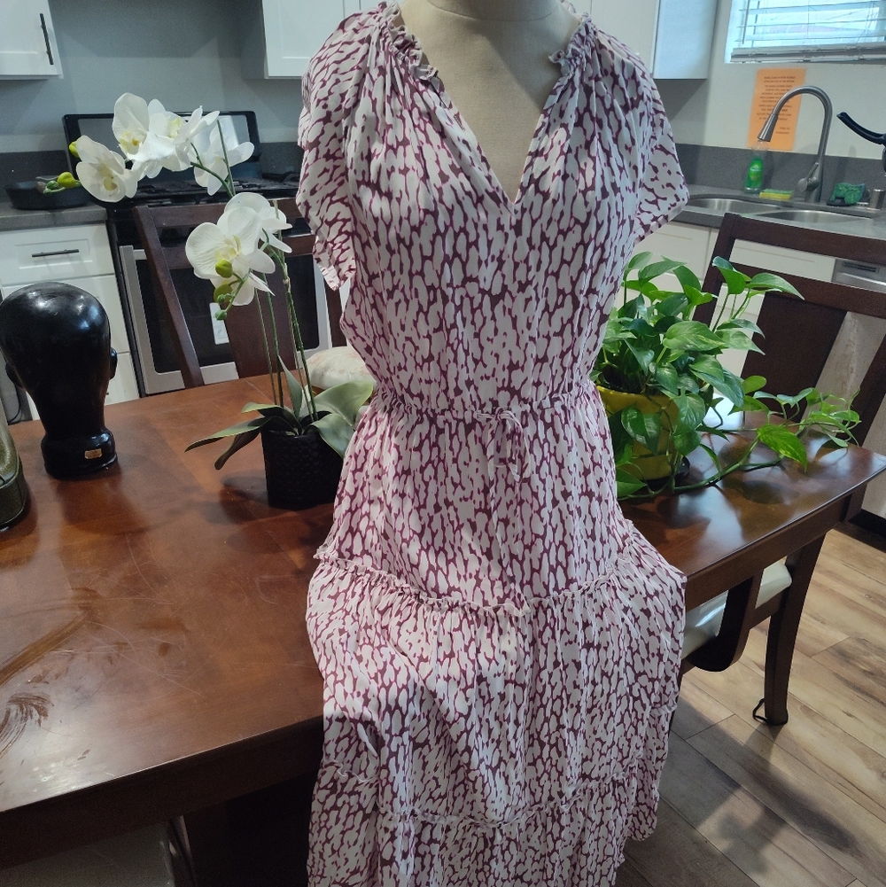 Rails Pink & White Printed Flutter Sleeve Midi Dress